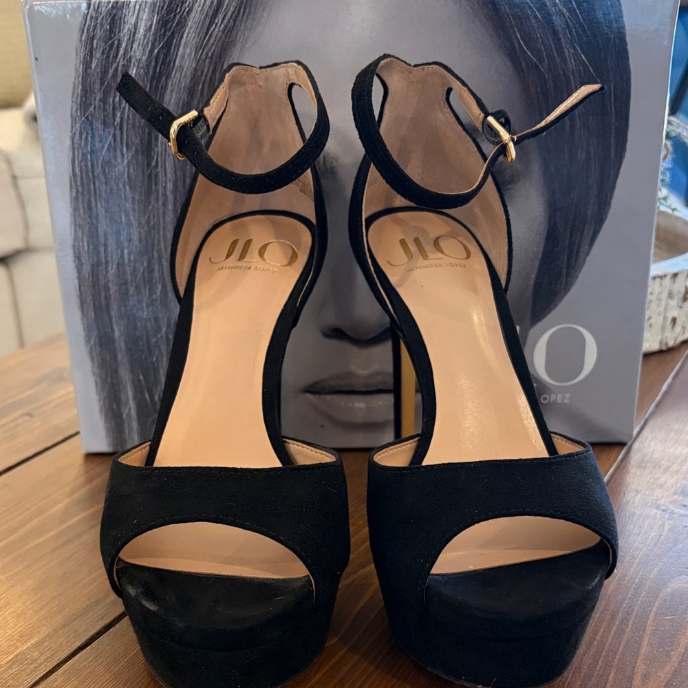 Jennifer Lopez Elegant Black Ankle Strap Heels